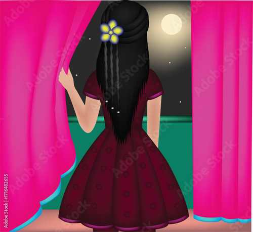 A girl is standing by the window and looking at the moon in the sky