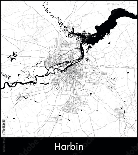 Harbin city map, China - Topographic vector map poster