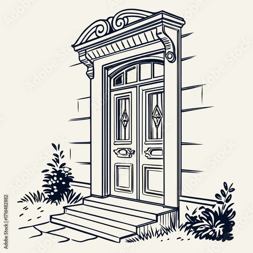 Elegant door with steps leading up to it surrounded by plants sketch