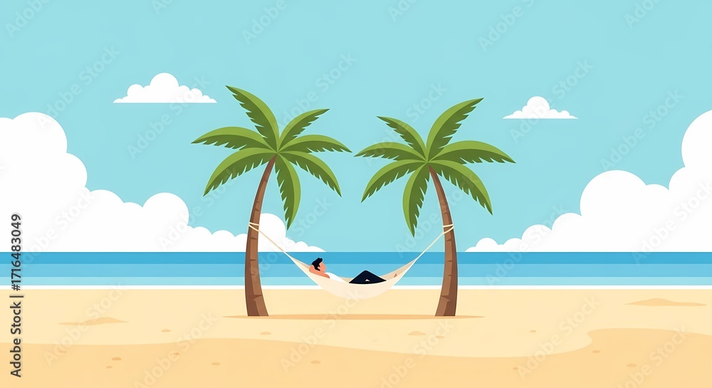 Obraz premium Relaxing man on tropical beach hammock with palm trees