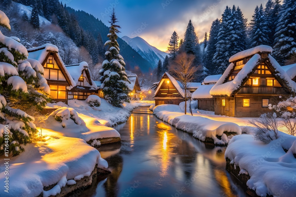 Fototapeta premium Winter Village Scene in Japan with Traditional Houses and Snow Covered Landscape Reflecting in Water