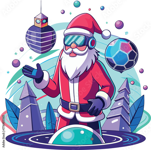 Santa wearing a VR headset, exploring a virtual Christmas world
