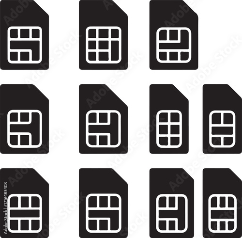 Eleven sim card icons displayed in a grid on a black background Keywords: sim card, mobile, technology