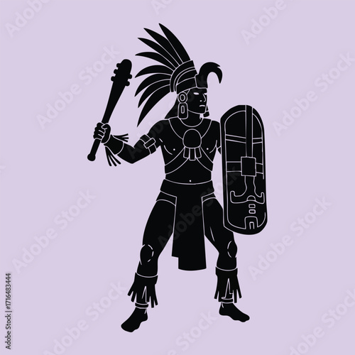 Silhouette of an ancient warrior holding a club and shield wearing a feathered headdress and traditional armor