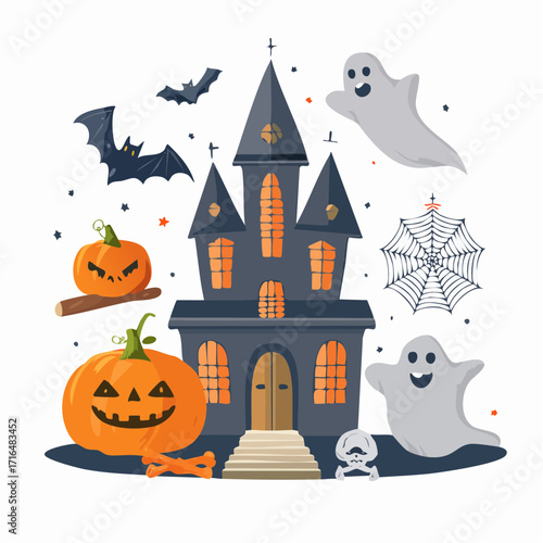 A spooky Halloween scene featuring a haunted house, pumpkins, bats, ghosts, and a spiderweb.