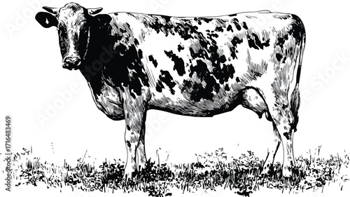 Beautiful Adult Female Cow with Black Spots on White Background Vector Illustration