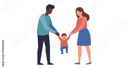Joyful family moment: Stylized vector illustration of parents holding child's hands