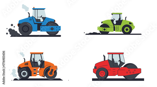 Colorful Road Rollers Compacting Asphalt in Flat Vector Illustration Style