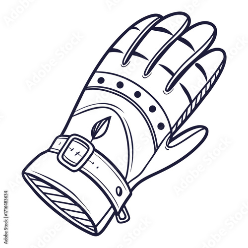 Monochrome line art of a warm, functional glove, designed with a classic strap and subtle embellishments, ideal for craft projects, protective gear representation, or cold-weather themes