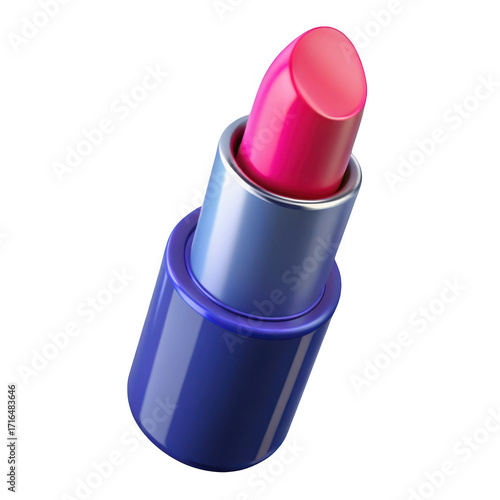 3d rendered hot pink lipstick in metallic blue case isolated on black studio backdrop isolated on transparent background
