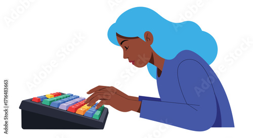 Woman Typing on a Colorful Mechanical Keyboard in a Flat Vector Style