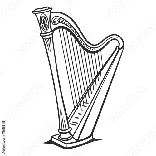 A beautifully detailed line art illustration of a classical or Celtic harp, a majestic stringed instrument for orchestral and folk music