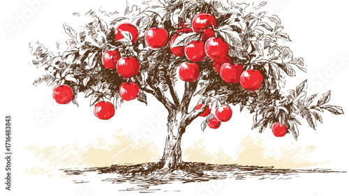 Apple Tree with Tree Drawing and Wooden Background EPS Image for Stock Photos