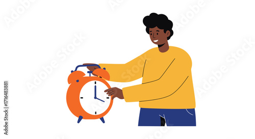 Stylized vector illustration of a person setting an alarm clock at bedtime