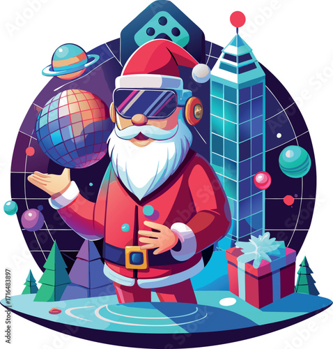 Santa wearing a VR headset, exploring a virtual Christmas world