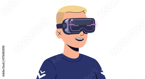 Cartoon Person Immersed in Virtual Reality Experience Against White Backdrop