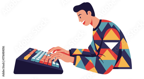 Illustration of a person typing on a vibrant mechanical keyboard device