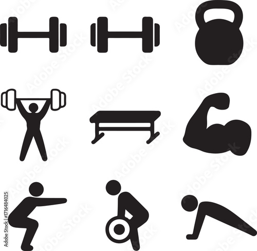 Fitness Icons Set Dumbbells Kettlebell Weightlifter Bench and Exercises workout training