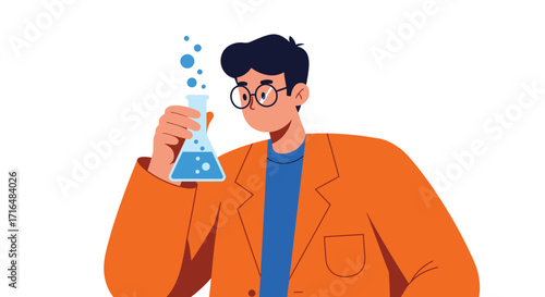 Enthusiastic Scientist Inspecting a Chemical Solution in Laboratory with Flat Design
