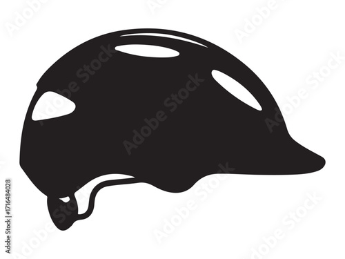 Black silhouette of a bicycle helmet with a visor isolated on white background
