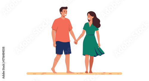 Stylized vector illustration of a couple strolling along a sandy beach