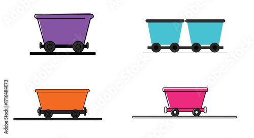 Cartoonish representation of colorful vibrant mining carts in flat style