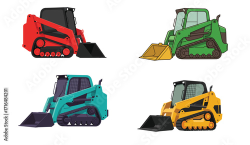 Collection of colorful stylized flat vector skid steer loaders illustration