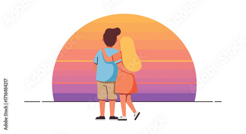 Stylized vector illustration of a couple watching sunset together peacefully
