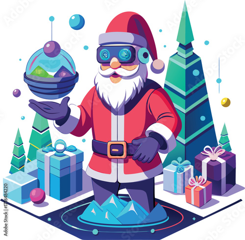 Santa wearing a VR headset, exploring a virtual Christmas world