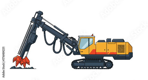 Vibrant flat vector illustration depicting a mining drill rig on a white background