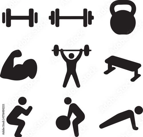 Fitness Icons Set Dumbbells Kettlebell Weightlifter Bench and Exercises workout training