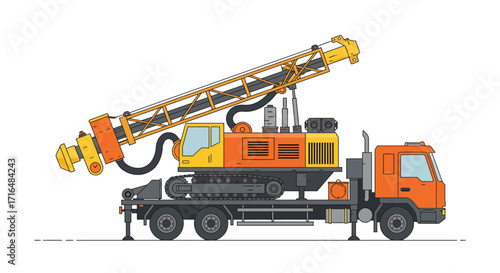 Stylized flat vector illustration of a drilling rig mounted on a truck