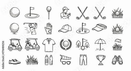 Golf line icon set. Group of object. Golf ball, golf field, golf tee, golfer, golf stick, golf putter, golf course, golf caddy, golf strike, golf cap, golf hole. stock illustration...