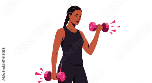 Stylized vector illustration of a woman lifting dumbbells, fitness lifestyle