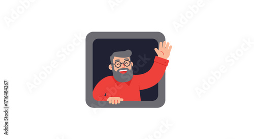 Cartoon man waving from a window, illustration, goodbye travel concept