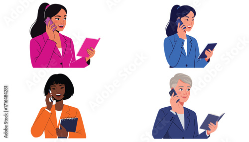 Diverse businesswomen conversing via phone and holding notebooks on white background