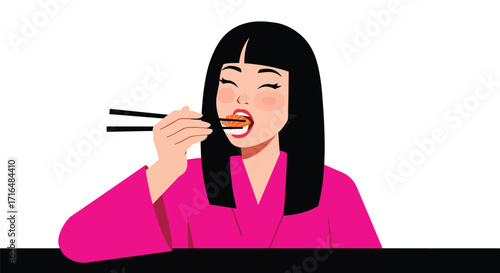 Charming vector portrait of a woman enjoying vibrant sushi with chopsticks