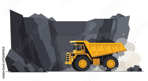 Stylized flat vector illustration of a vibrant mining truck in quarry