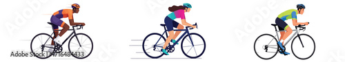 Vibrant cyclists sprint forward in a minimalist flat vector illustration