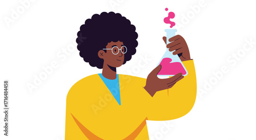 Stylized illustration of scientist examining test tube on white backdrop