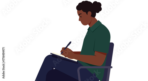 Focused individual taking notes in meeting, vector illustration isolated