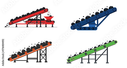 Vibrant flat vector illustration featuring diverse coal conveyor belt systems