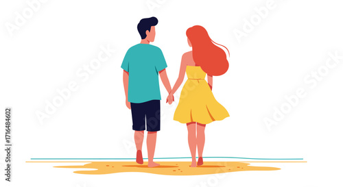 Vector art: Affectionate couple strolls idyllic beach holding hands together