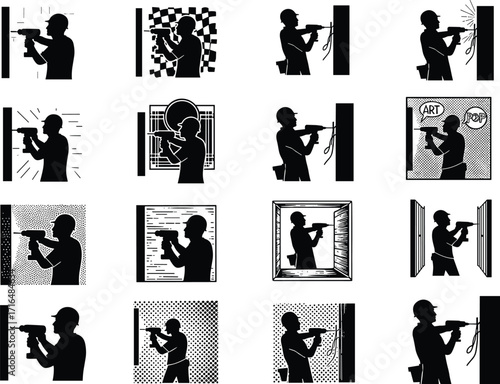 Drill, Silhouette, Worker, Wall, Power, Tool, Manual, Labor, Grid, Blackwhite, Abstract, Pattern, Halftone, Sketch, Texture, Action, Technique, Posture, Equipment, VariationDrill, Silhouette, Worker, 