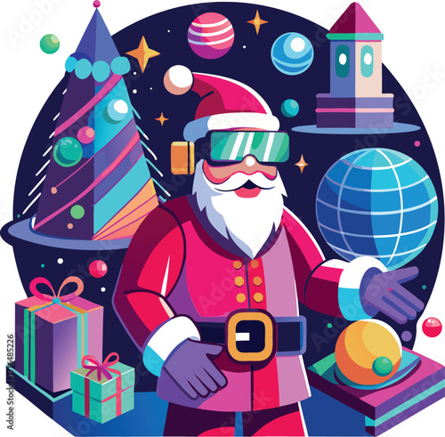Santa wearing a VR headset, exploring a virtual Christmas world
