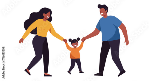 Stylized illustration of joyful family walking together in flat design