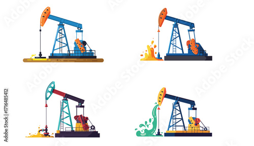 Stylized flat vector illustration showcasing pumpjack extracting oil against white backdrop