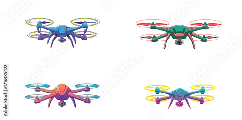 Stylized flat vector illustration of vibrant drones hovering on white backdrop