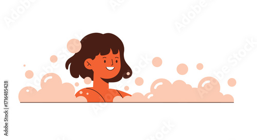 Stylized flat vector illustration of a woman relaxing in a bubble bath