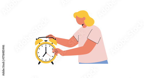 Preparing for the day a woman setting an alarm clock before bedtime illustration